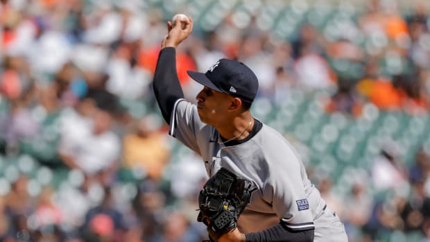 Aug 31, 2023; Detroit, Michigan, USA; New York Yankees relief pitcher Keynan Middleton (93) pitches in the sixth inning against the Detroit Tigers at Comerica Park.